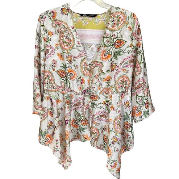 2/$30 Zara Woman Multi-Colour Printed Paisley Top Blouse Size Large - Picture 3 of 14